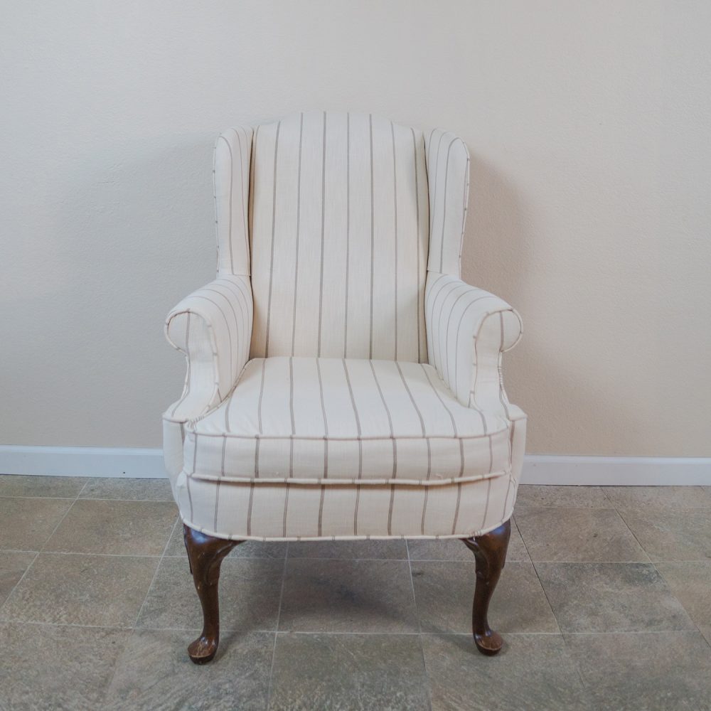 Natalie, Back Burlap Beige Striped Wingback Chair Chloe's Vintage